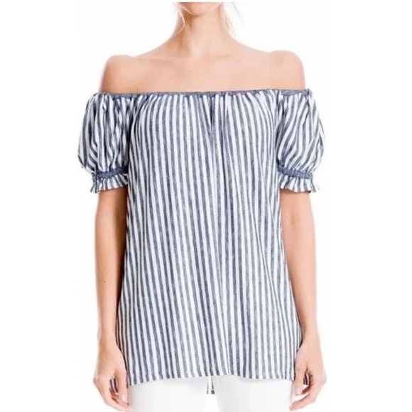 Max Studio Blue Striped Off The Shoulder Puff Sleeve Blouse Stretch Women XL - Picture 1 of 9